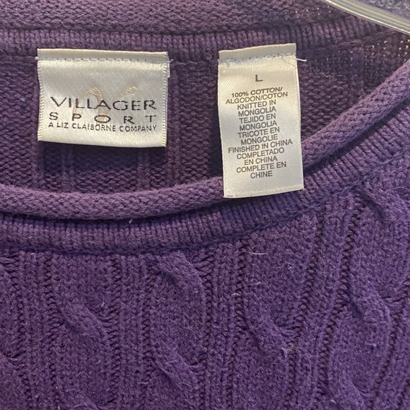 VINTAGE VILLAGER SPORT (LIZ CLAIBORNE) -- Sweater, Purple Cable Knit Long Sleeve - Picture 10 of 12